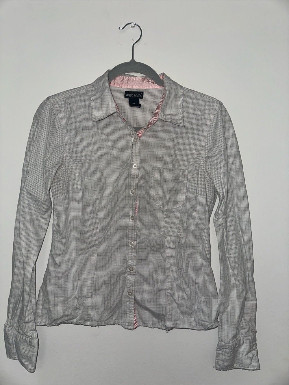 Wet Seal Gray Check Button-Down Shirt with Pink Trim